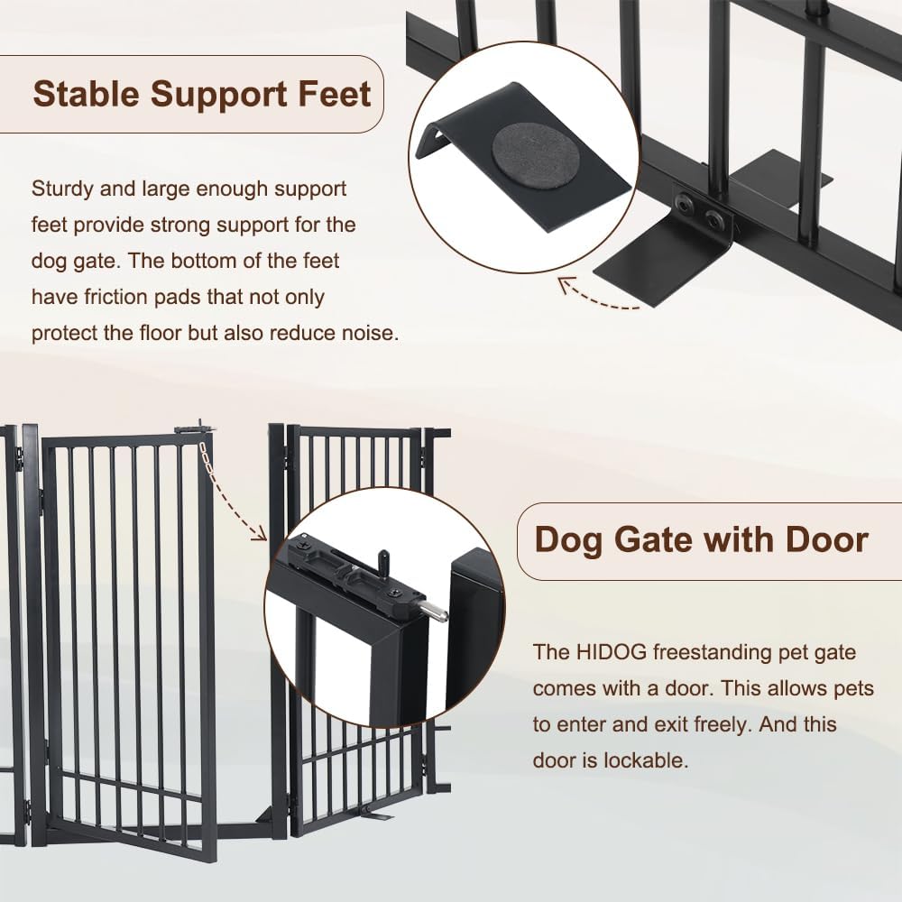 Metal Freestanding Dog Gate with Door, Extra Wide 81", 31" Height Foldable Dog Gates for Doorways, Tall Pet Fence Indoor Pet Gates, 4 Panels Pet Barrier for Stairs Hallways, Black