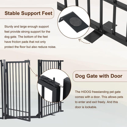 Metal Freestanding Dog Gate with Door, Extra Wide 81", 31" Height Foldable Dog Gates for Doorways, Tall Pet Fence Indoor Pet Gates, 4 Panels Pet Barrier for Stairs Hallways, Black