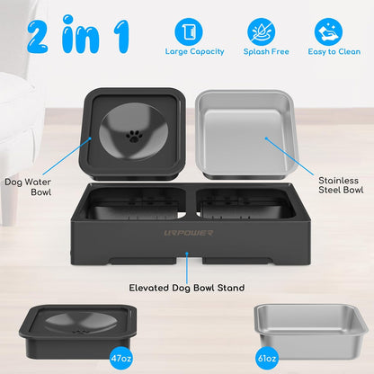URPOWER 2-in-1 Elevated Slow Feeder Dog Bowls with No-Spill Water Bowl, 4 Height-Adjustable Raised Dog Bowls, Non-Slip Food and Water Bowls with Stand for Small, Medium, Large Dogs, Cats and Pets
