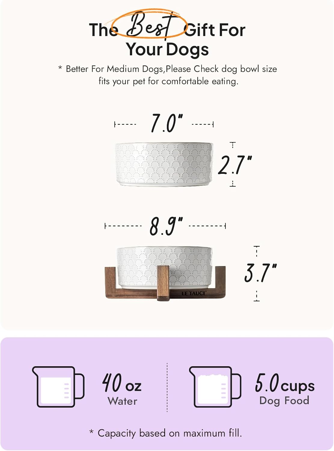 LE TAUCI Dog Bowl Set with Acacia Wood Stand - 1.5-Cup Ceramic Puppy Bowls for Small Dogs, Dual Food and Water Bowls with Weighted Non-Slip Base