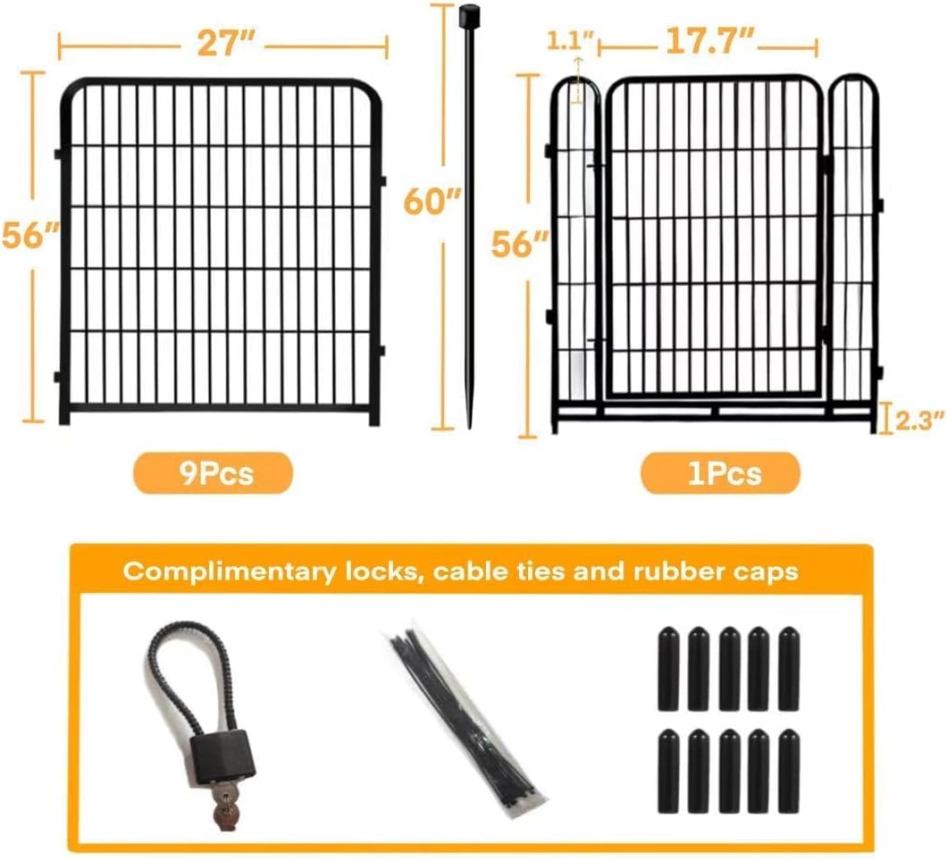 Getlay 36 in(H) Garden Fence, Wide Gate Low Threshold, 10 Panels Total 22.1 Ft(L) Heavy Duty Iron Animal Barrier Fence for Yard,Suitable for Indoor Or Outdoor Dog Fencing,Garden Border Fence