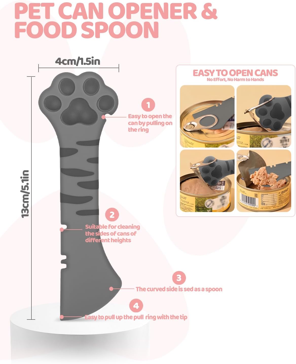 5 PCS Cat Food Can Covers Lids Set, Silicone Pet Food Can Lids with Multi-Function Cat Food Spoon and Opener, Cat Bar Squeezer, Stainless Steel Wet Food Spoon for Cats and Dogs (Pink) (Pink)