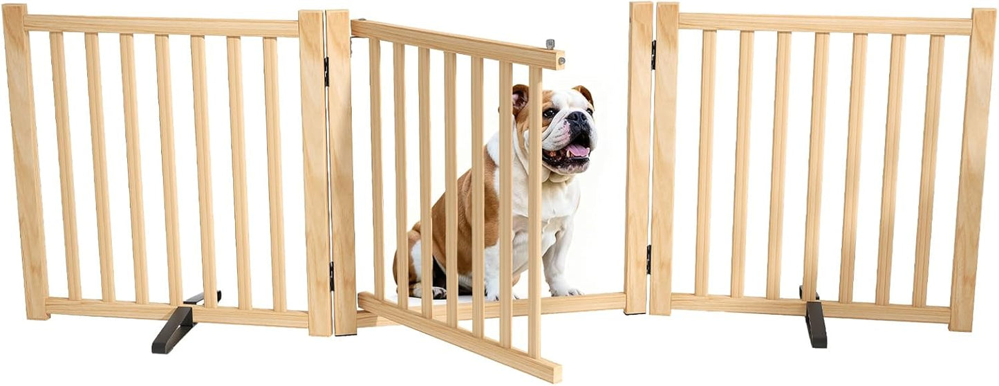 Wooden Dog Gate Indoor, 23" H Freestanding Dog Gates with Door, No-Painted Foldable Puppy Fence, Doggy Barrier for Doorway, Stairs- 4 Panels