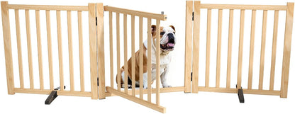 Wooden Dog Gate Indoor, 23" H Freestanding Dog Gates with Door, No-Painted Foldable Puppy Fence, Doggy Barrier for Doorway, Stairs- 4 Panels
