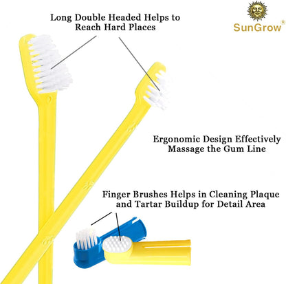SunGrow Dog Toothbrush Set, Dual-Headed Brush, 2 Bonus Finger Brushes Included, Removes Plaque, freshens Dog's Breath, Use with Dog Toothpaste, 3 Pcs