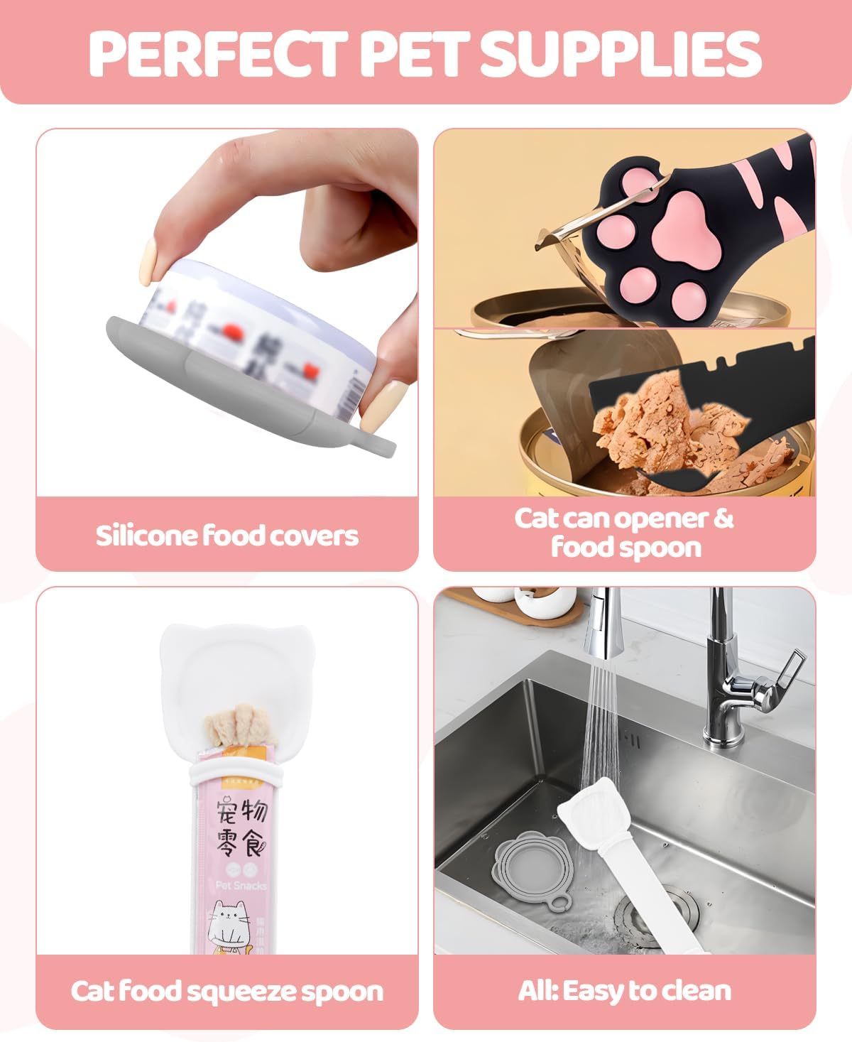 5 PCS Cat Food Can Covers Lids Set, Silicone Pet Food Can Lids with Multi-Function Cat Food Spoon and Opener, Cat Bar Squeezer, Stainless Steel Wet Food Spoon for Cats and Dogs (Pink) (Pink)