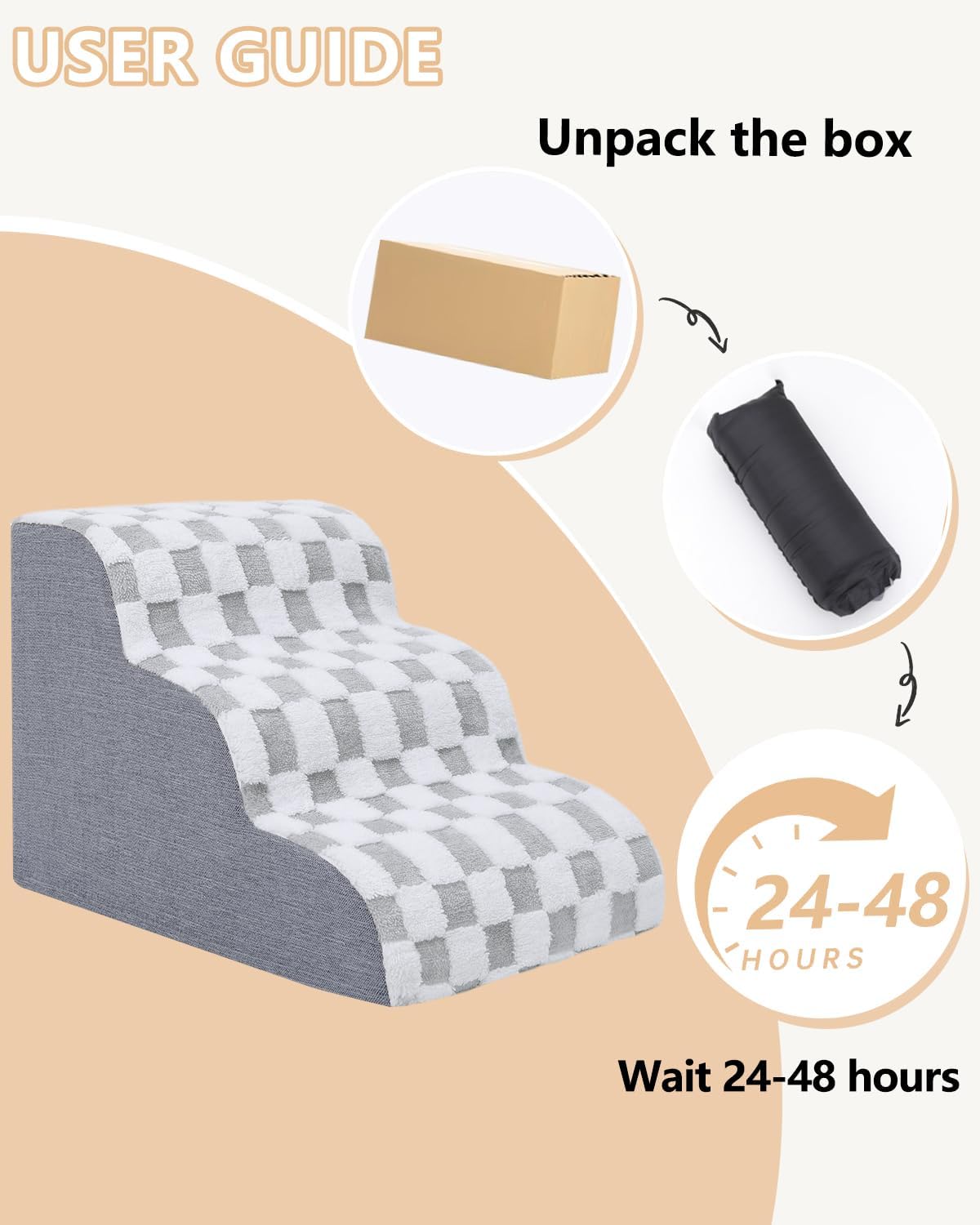 KSIIA Dog Stairs Curved Dog Steps for Bed 3-Tier Pet Stairs Supportive Pet Steps for High Beds Couch Sofa Chair with Removable Washable Cover & Non-Slip Bottom, 22" D x 16" W x 16" H, Grey