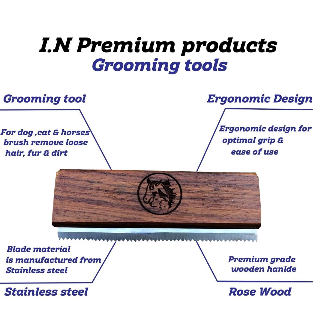 Original Deshedding Grooming Tools for Horse, Cats & Dogs Easy Ergonomic Wooden Handle Professional Brush Grooming Tool, Remove painlessly 95 Percent of Lose Hair Fur & Dirt (5 inch)
