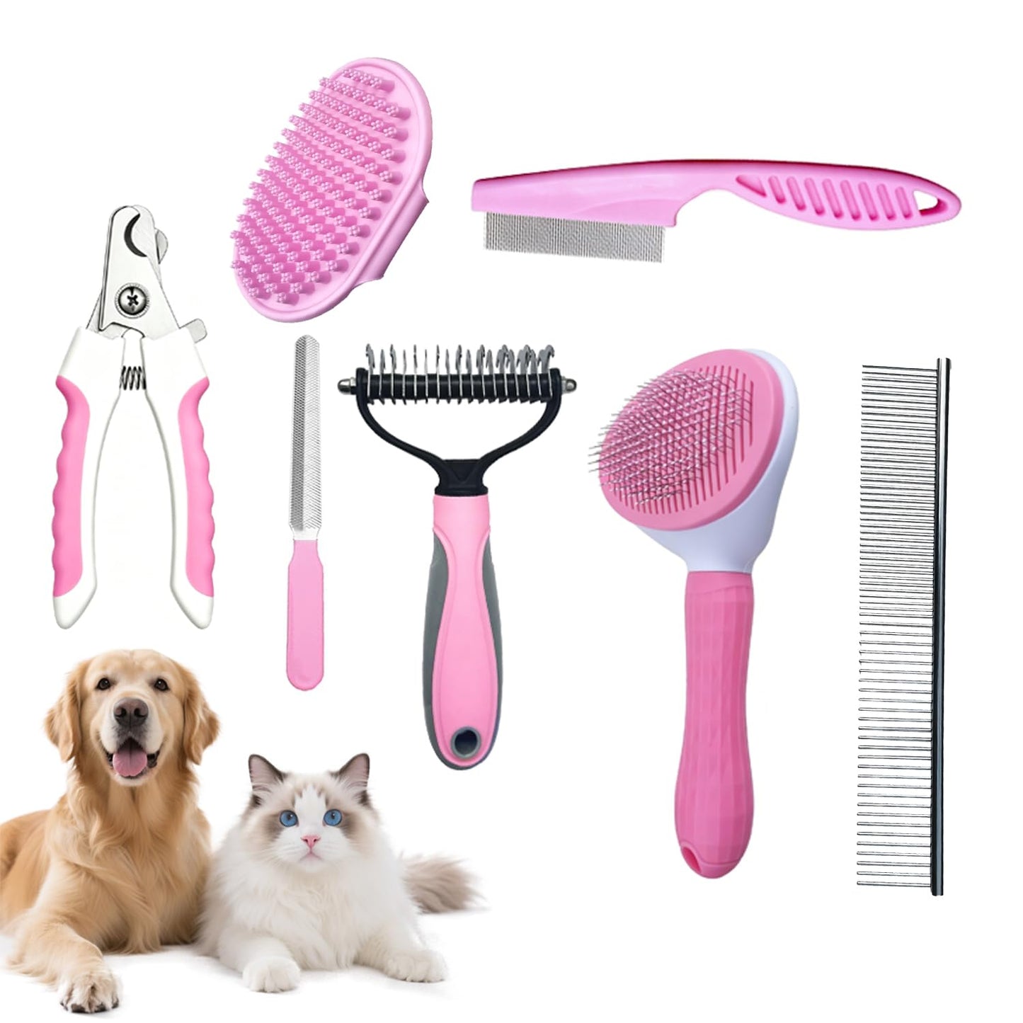 7PCS Dog Grooming Brush Kit for Shedding and Matted Fur, Self-Cleaning Slicker Brush with Undercoat Rake, Flea Comb for Long-Haired Pets, Blue