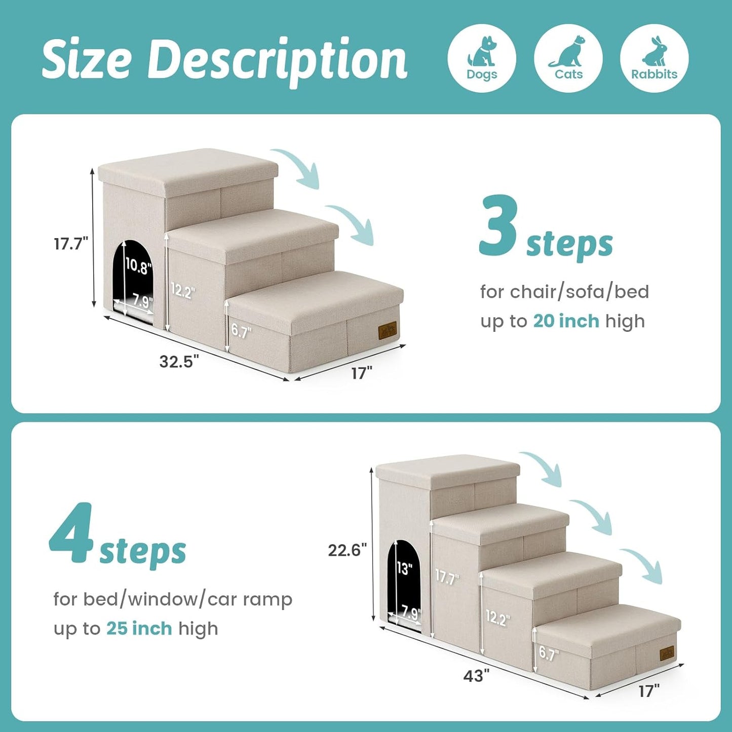 Dog Stairs with Storage, 4-Step Wider Sturdy Dog Steps for Small/Medium/Large Dogs and Older Cats, Folding Doggie Ramp for Bed/Couch/Car Hold Up to 180 lbs (22" H, Brown)