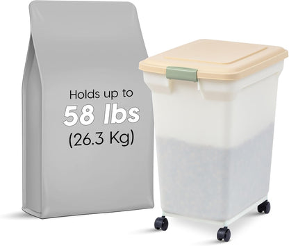 IRIS USA Airtight Dog Food Storage Container, WeatherPro, Up to 40 lbs, Removable Wheels, for Dog Cat Bird and Other Pet Food Storage Bin, Keep Fresh, Translucent Body, Made in USA, Smoke/Black