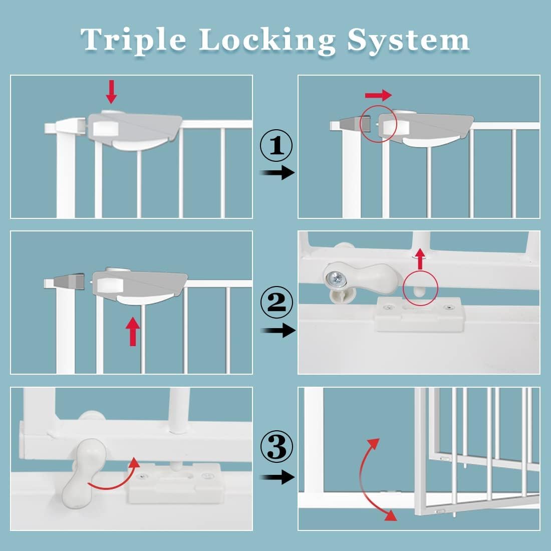 WAOWAO Triple Lock 49.21-66.54" Baby Gate Extra Wide Pressure Mounted Walk Through Swing Auto Close Safety Black Metal Dog Pet Puppy for Stairs,Doorways,Kitchen