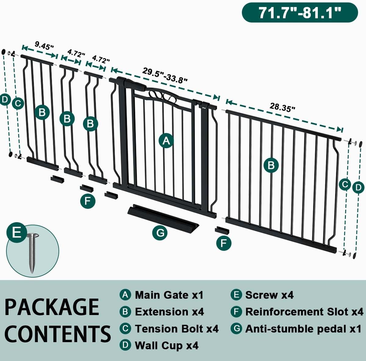 Fairy Baby 62.5"-71.6" Extra Wide Baby Gate Pressure Mount, Long Large Dog Gate Indoor Doorways Stairs, No Drill Safety Child Gate for Kids with Double Lock, Walk Thru Pet Gate for Puppy Doggy, Black