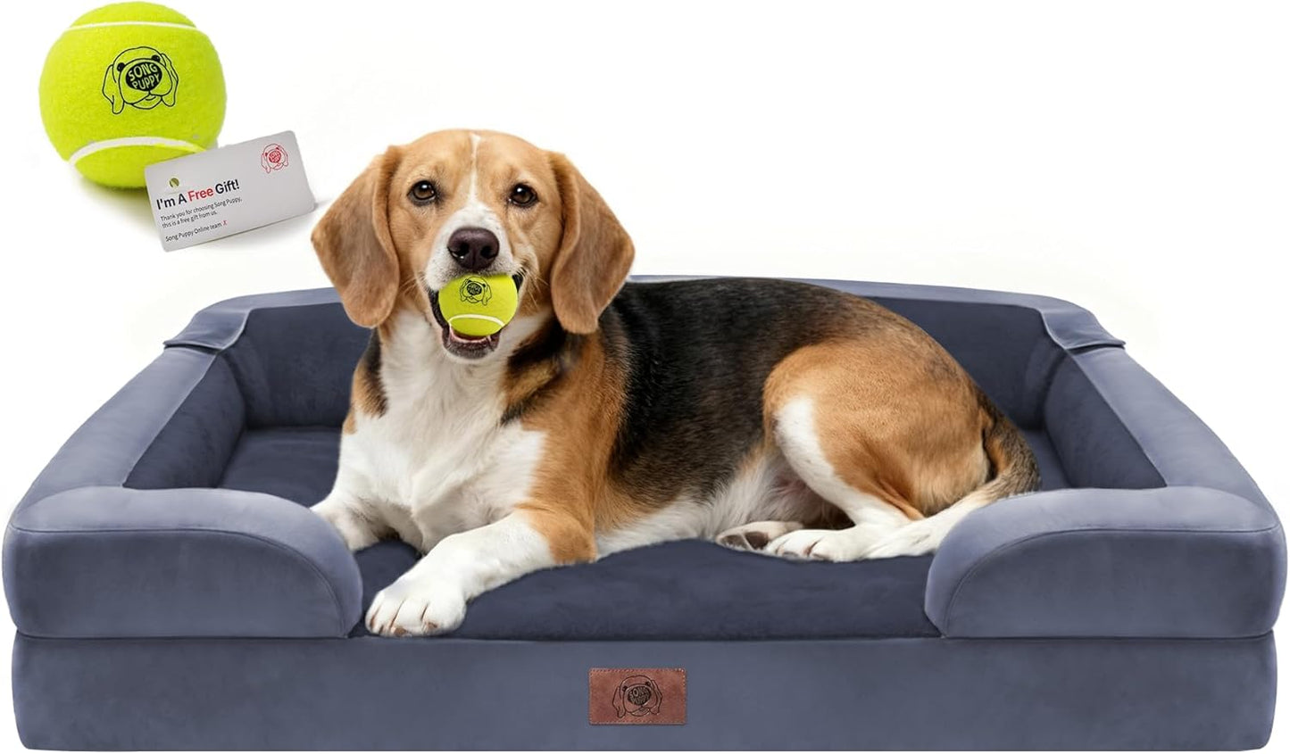 Extra Large Dog Bed, Orthopedic XL Washable Memory Foam Bed for Big Dogs Waterproof Pet Couch Sofa Bolster with Removable Cover, Non-Slip Bottom, Tennis Ball Toy, 42x30