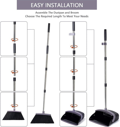 Broom and Dustpan Set with Long Handle, Light Weight Stainless Steel Poles Stand Upright Dustpans with Broom Combo for Home Kitchen Office Pet Dog Hair, Brown & Beige Color, 1-Pack