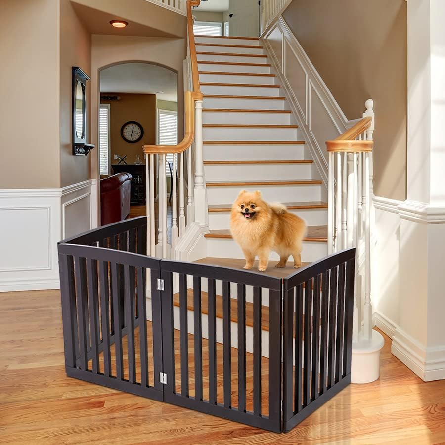 24 Inch Freestanding Indoor Retractable Dog Gate Pet Gate for Stairs, Hallways or Doorways 3 Panels Indoor Foldable Puppy Dog Fence Wooden Safety Fence, White