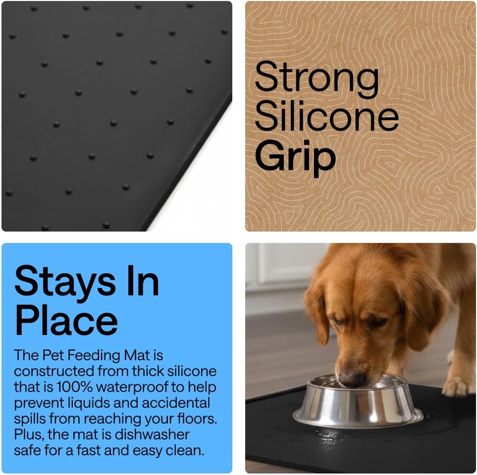 GORILLA GRIP 100% Waterproof Raised Edge BPA Free Silicone Pet Feeding Mat, Dog Cat Food Mats Contain Spills Protects Floors, Placemats for Cats and Dogs Water Bowl, 18.5x11.5, Gray