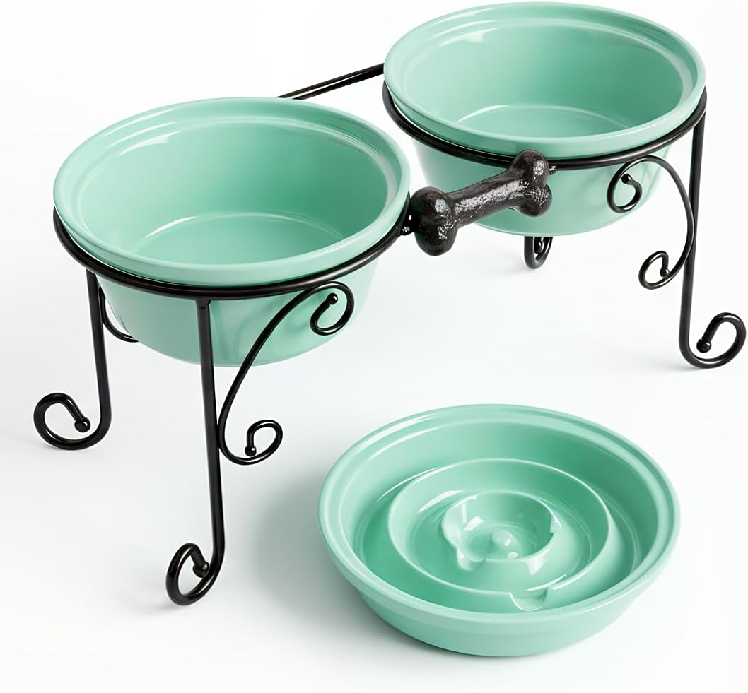 Elevated Dog Bowl Stand with 3 Large Ceramic Bowls – Raised Feeding Station for Medium & Large Dogs, Includes 2 Standard Bowls + 1 Slow Feeder, Durable Iron Frame, Non-Slip (White)
