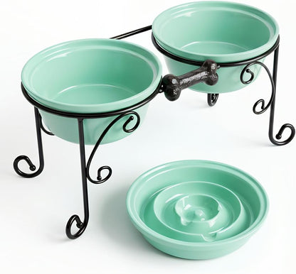 Elevated Dog Bowl Stand with 3 Large Ceramic Bowls – Raised Feeding Station for Medium & Large Dogs, Includes 2 Standard Bowls + 1 Slow Feeder, Durable Iron Frame, Non-Slip (White)