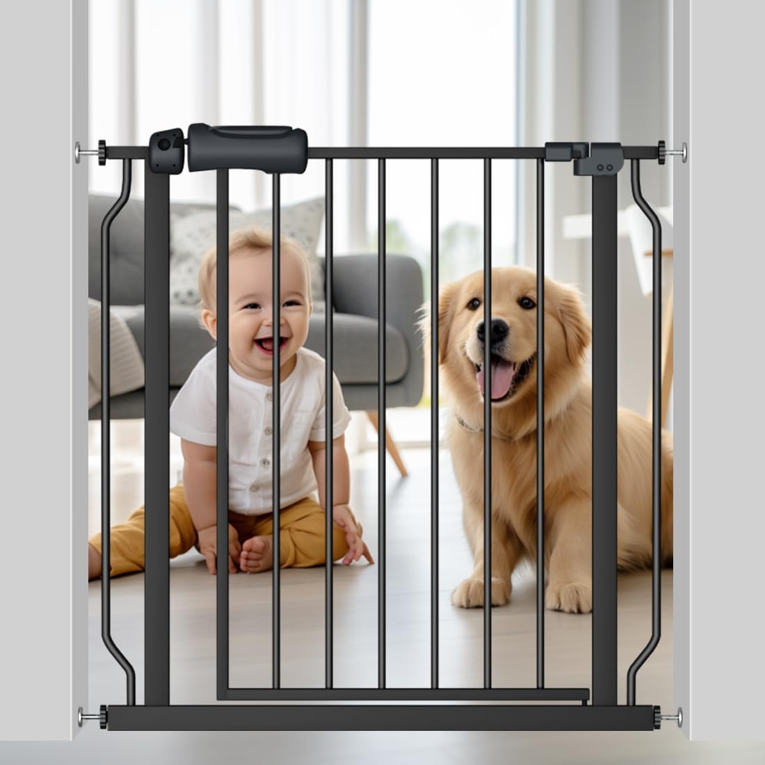 Fairy Baby Extra Wide Baby Gate Black 57.5-62 Inch Wide, Walk Through Pressure Mounted No Drill for Doorways, Long and Large Tension Dog Gates for Pet and Kids