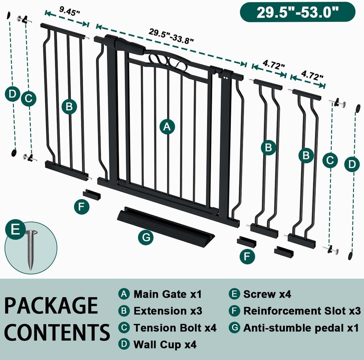 Fairy Baby 62.5"-71.6" Extra Wide Baby Gate Pressure Mount, Long Large Dog Gate Indoor Doorways Stairs, No Drill Safety Child Gate for Kids with Double Lock, Walk Thru Pet Gate for Puppy Doggy, Black