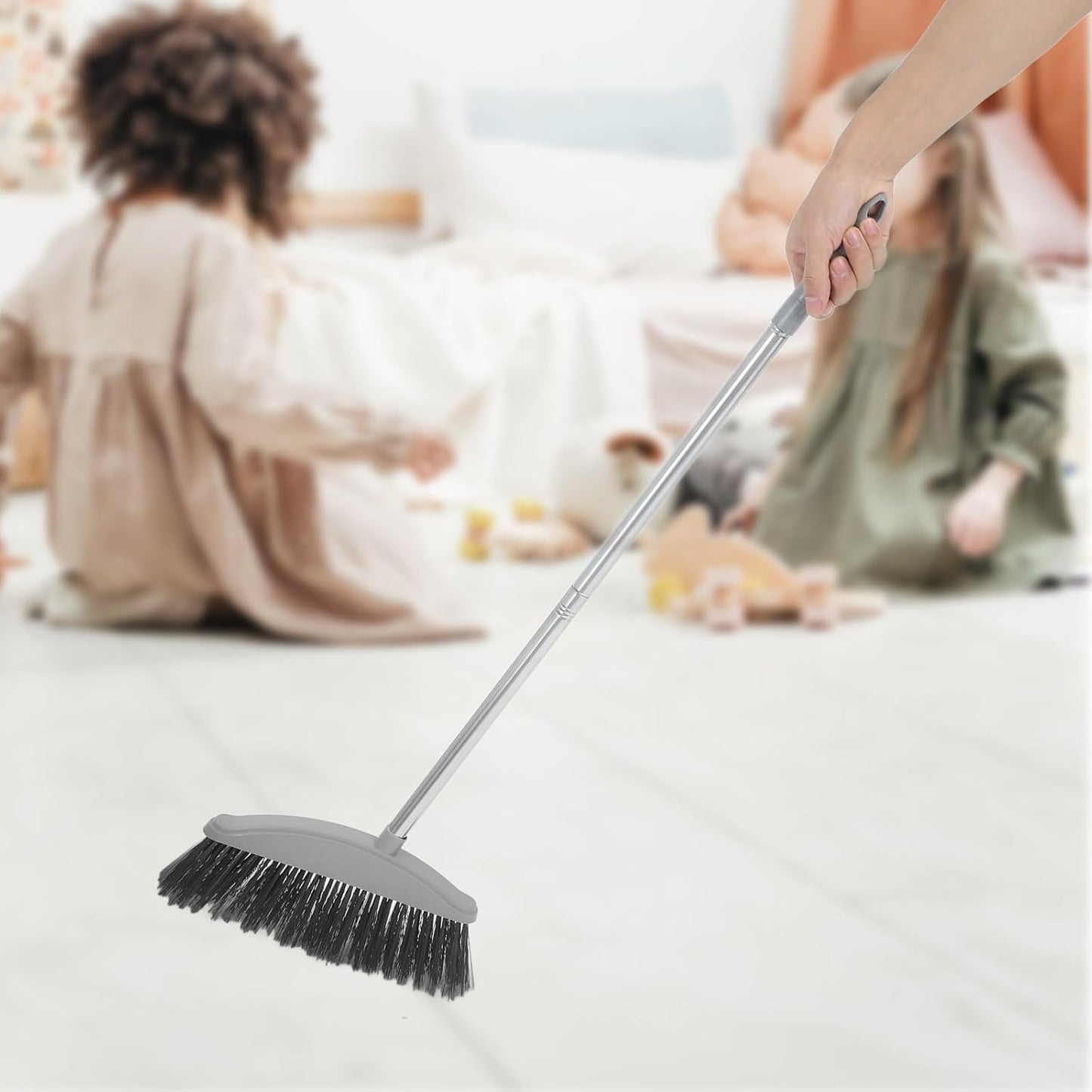 BESTonZON Pet Hair Broom with Large Plastic Angle Head Household Sweep Broom for Indoor and Outdoor Floor Cleaning Nordic Gray Long Handle for Efficient Hair and Garbage Removal