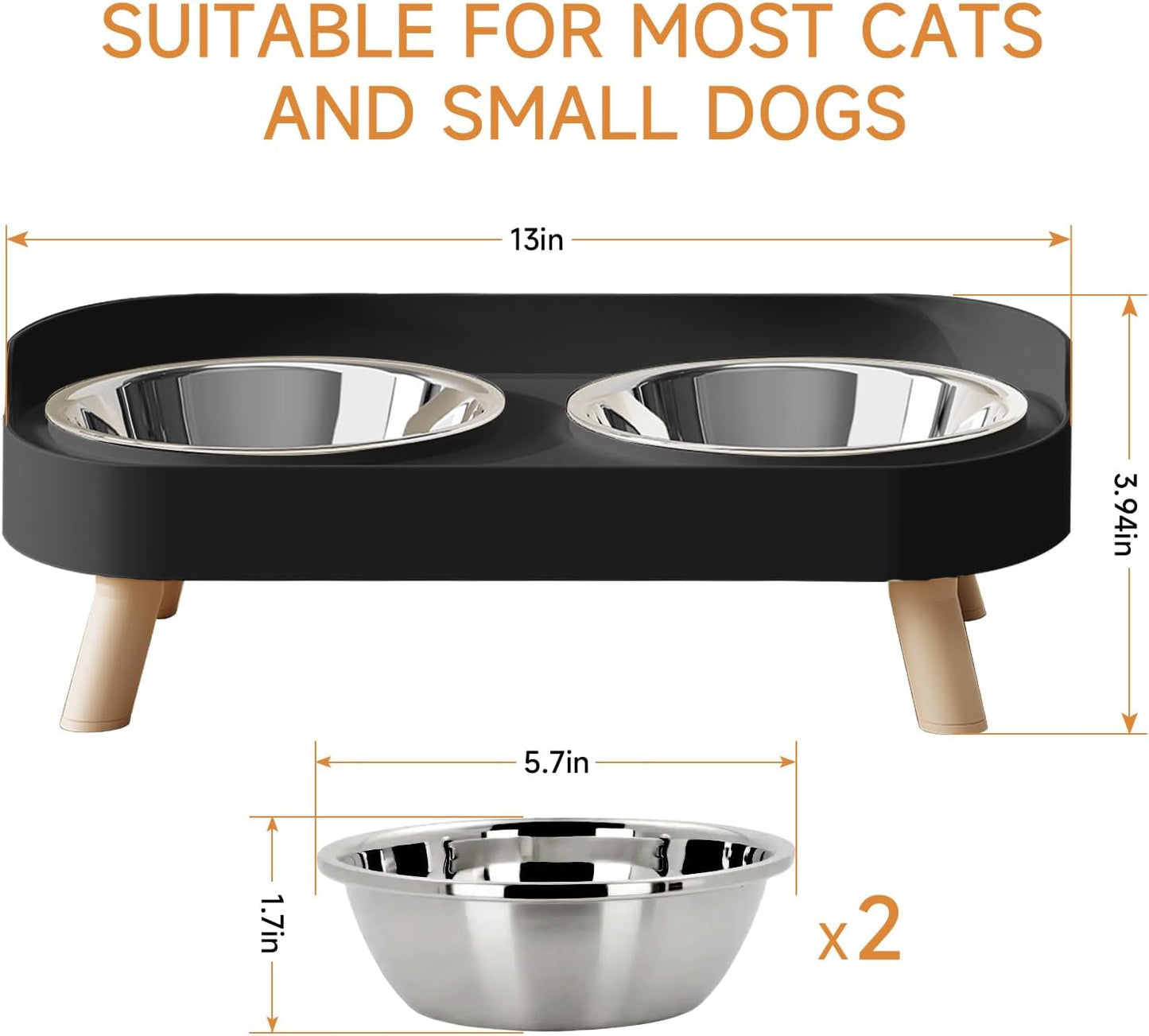 Elevated Cat Bowl, Raised Cat Food and Water Bowl Set for Indoor Cats, Splash Proof with 2 Stainless Steel Pet Food Bowls for Cats and Puppies, Whisker Fatigue and Dishwasher Safe - White