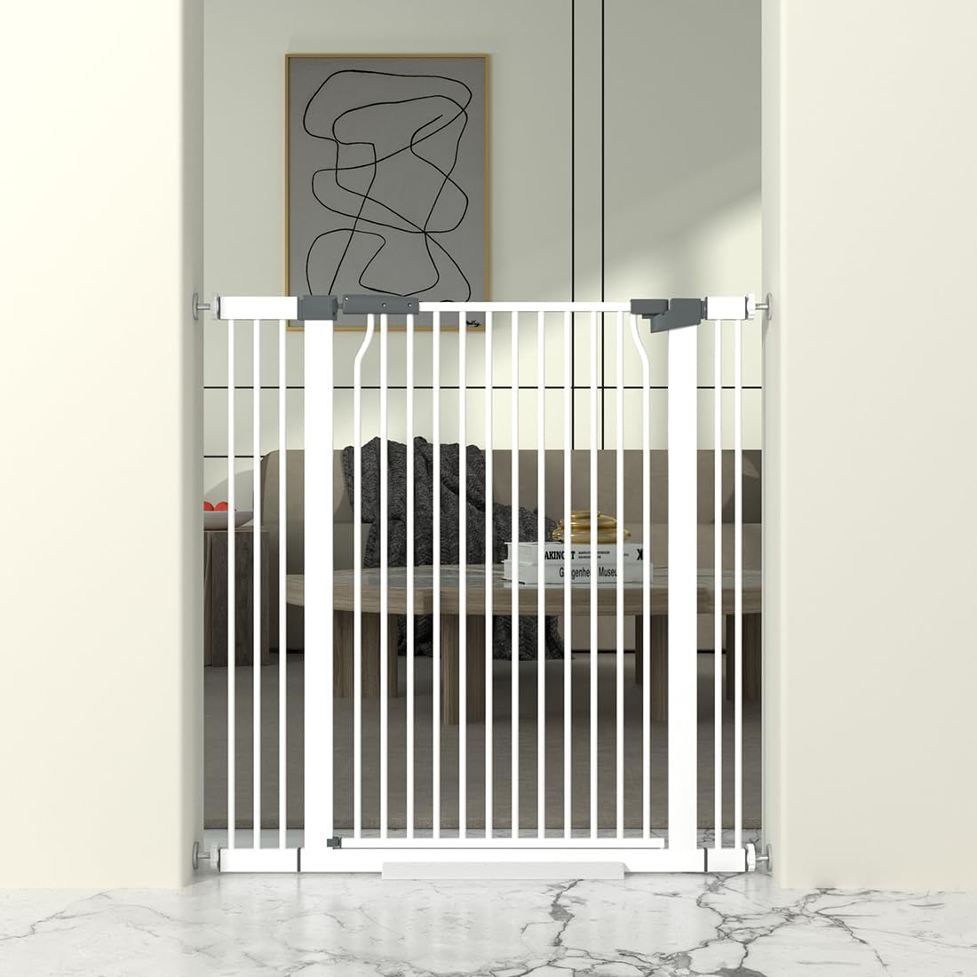 41" Extra Tall Cat Gate for Doorway, 49.2-54.7 Metal Pet Baby Safe Gate, Extra Wide Pressure Mounted Child Door with Expansion Kit, No Drilling No Climb Cat Fence Indoor, Tall Dog Gate, White