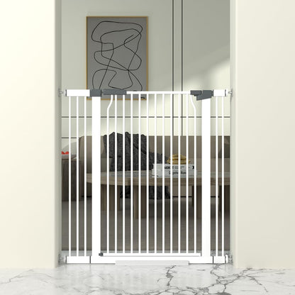 41" Extra Tall Cat Gate for Doorway, 49.2-54.7 Metal Pet Baby Safe Gate, Extra Wide Pressure Mounted Child Door with Expansion Kit, No Drilling No Climb Cat Fence Indoor, Tall Dog Gate, White