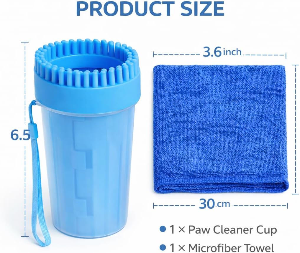 Dog Paw Cleaner Cup with Towel, Pet Paw Cleaner for Dogs & Cats, Portable Muddy Paw Washer with Soft Silicone Bristles, Deep Cleaning Paw Washer Cup (Blue)