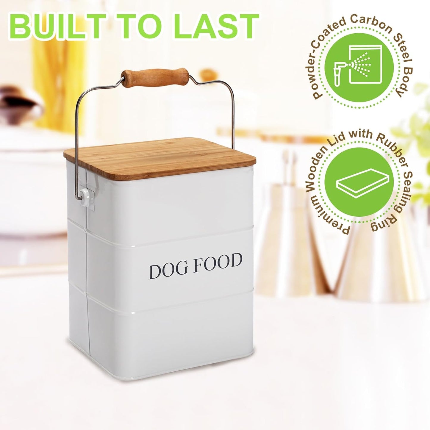 Dog Food storage container Dog Treats Jar,5~6 lb Metal food treats tin for Dog, pet snacks Canisters with wooden lid/handle/sevice scoop-Green
