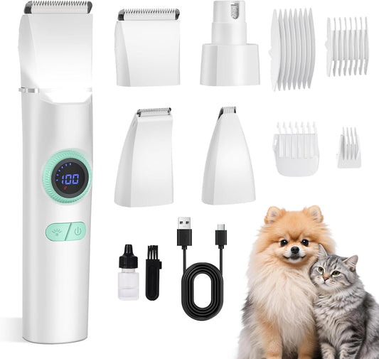 TBTeek Dog Grooming Clippers with LED Light,10-Level Speed 5-in-1 Cordless Dog Grooming Kit, Rechargeable Silent Dog Paw Trimmer Nail Clippers for Thick Hair Toenail Small Dog Pet 's feet