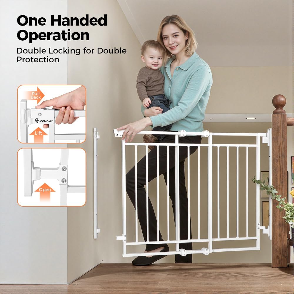 COMOMY 27.5-43" Baby Gate No Bottom Bar for Stairs and Doorways, 2-in-1 Auto Close Dog Gate Indoor for the House, Hardware Mounted Pet Gate with Large Walk Thru Door, Child Safety Gate for Dogs, Black