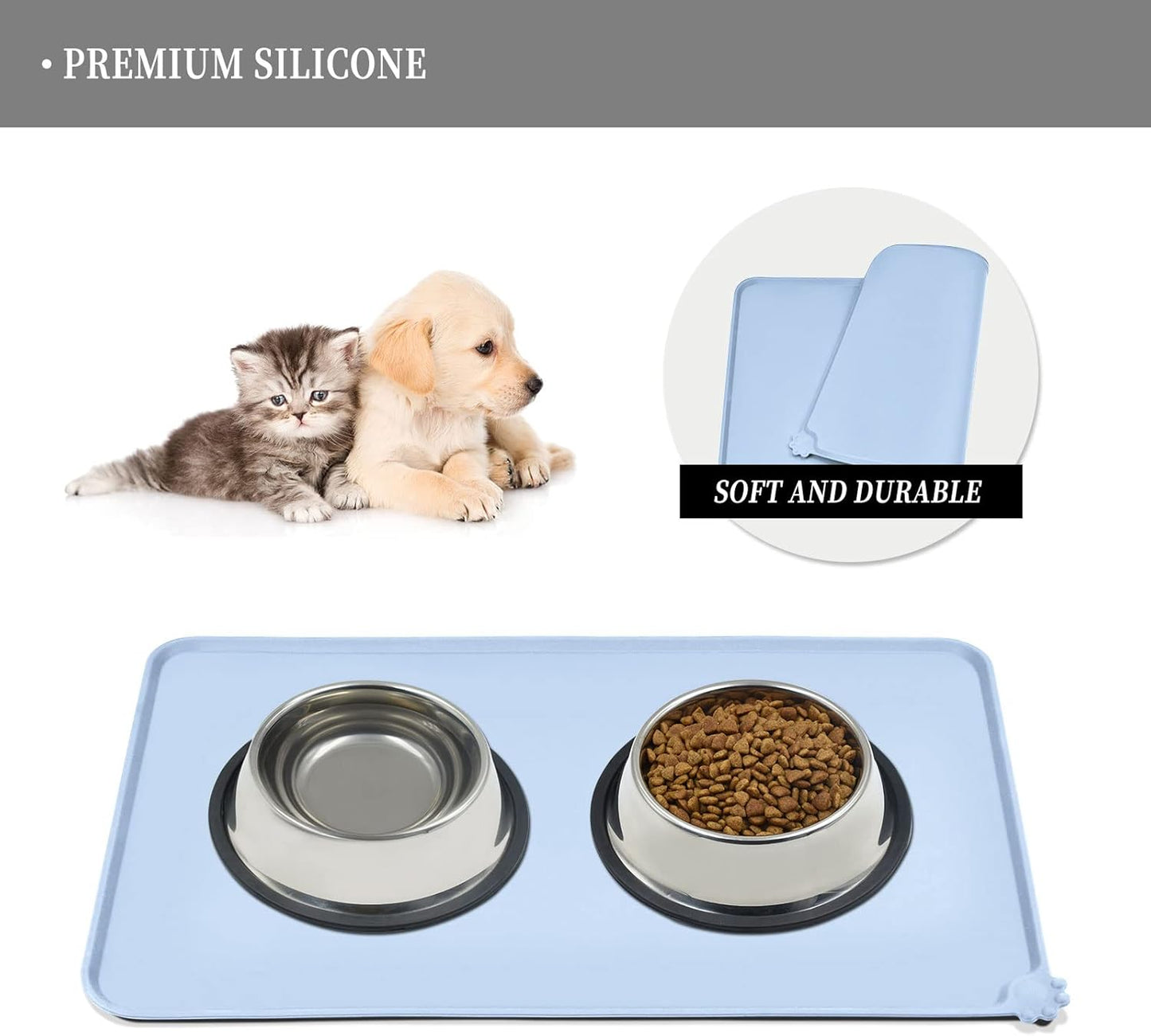 Reopet Waterproof Pet Feeding Mat, Non-Slip Silicone Placemats for Dog Cat Food and Water Bowl, High Raised Edges to Prevent Spills and Protect Floors