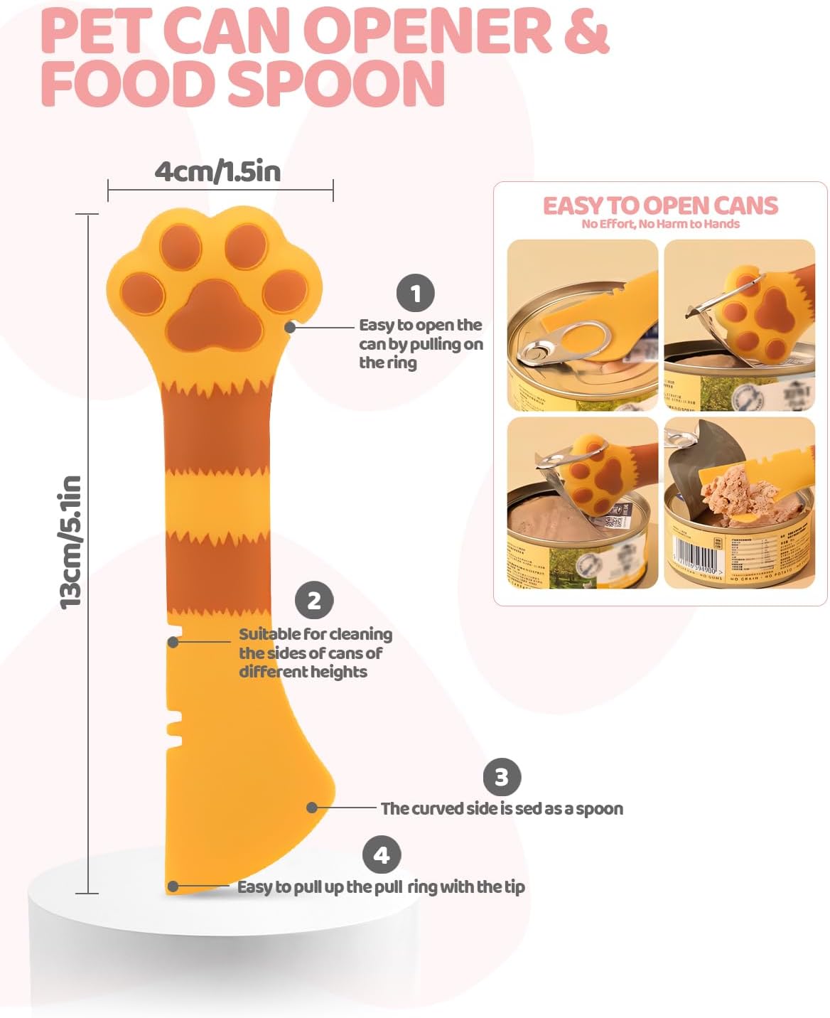 5 PCS Cat Food Can Covers Lids Set, Silicone Pet Food Can Lids with Multi-Function Cat Food Spoon and Opener, Cat Bar Squeezer, Stainless Steel Wet Food Spoon for Cats and Dogs (Pink) (Pink)