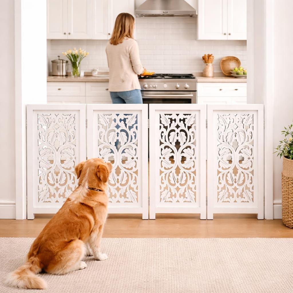 Freestanding Pet Gate for Dogs, Foldable Wooden Dog Gate for House, Indoor Dog Gate for Stair, Doorway, House Design Gates for Dogs Indoor, 72 Inch Wide, (18" x4 Panels 72 inch), Burnt Finish