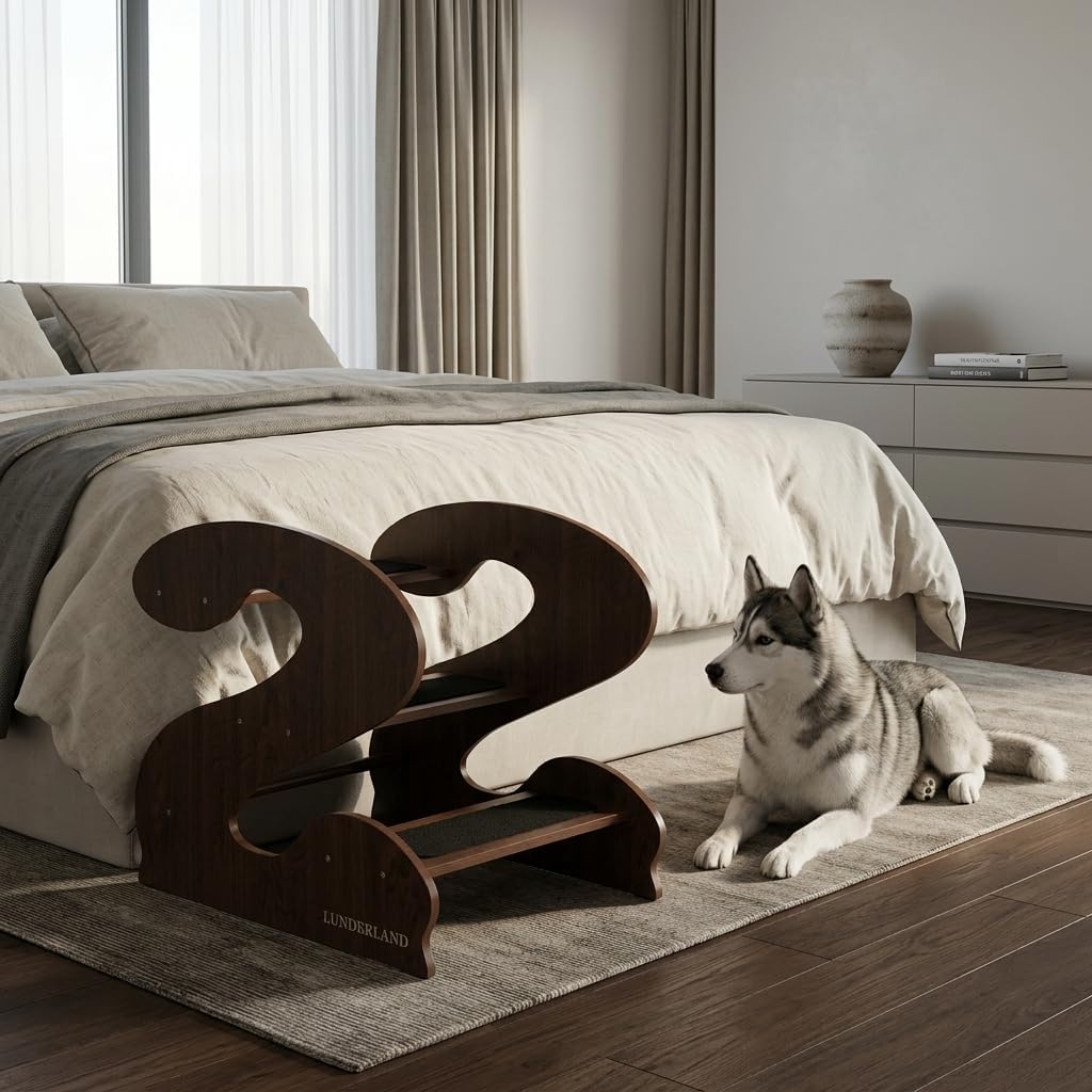Wooden Dog Stairs Steps for Bed,3Steps,Small or Senior Dogs for Pet LUNDERLAND Design,16¾"Wx23¼Dx19⅜H RedWalnutWood GrainPattern