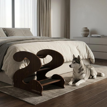 Wooden Dog Stairs Steps for Bed,3Steps,Small or Senior Dogs for Pet LUNDERLAND Design,16¾"Wx23¼Dx19⅜H RedWalnutWood GrainPattern