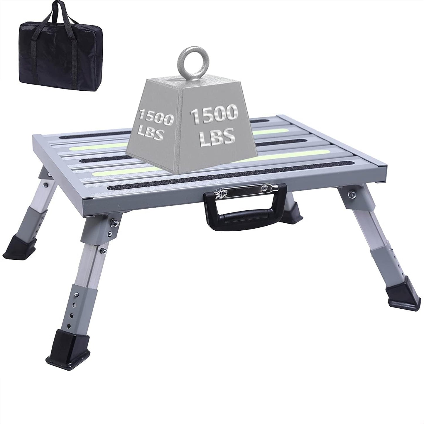 Aluminum RV Steps, 4-Level Adjustable Folding Step Stool with Non-Slip Rubber Feet, Non-Slip Fluorescent Strip Platform Rv Accessories, Supports Up to 1000 lbs - Black