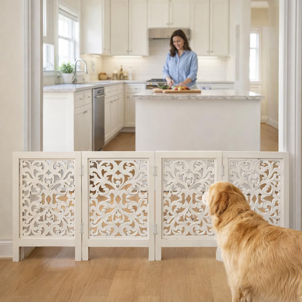 Freestanding Pet Gate for Dogs, Foldable Wooden Dog Gate for House, Indoor Dog Gate for Stair, Doorway, House Design Gates for Dogs Indoor, 72 Inch Wide, (18" x4 Panels 72 inch), Burnt Finish