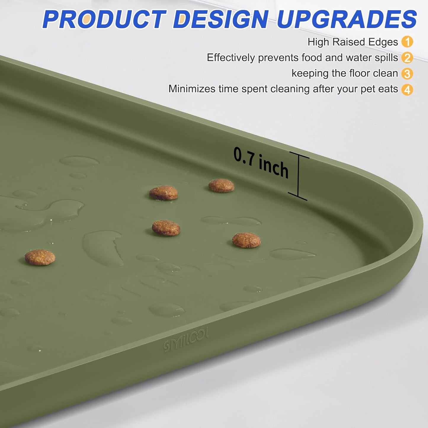 Small Silicone Pet Food Mat with Raised Edge for Food and Water Bowl, Square Dog Feeding Mats, Cat Food Trays for Floor Waterproof, Rubber Tray for Dogs and Cats, 12 x 12 x 0.7 Light Olive Green