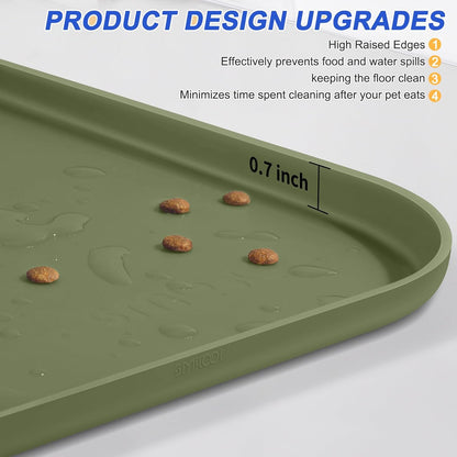 Small Silicone Pet Food Mat with Raised Edge for Food and Water Bowl, Square Dog Feeding Mats, Cat Food Trays for Floor Waterproof, Rubber Tray for Dogs and Cats, 12 x 12 x 0.7 Light Olive Green