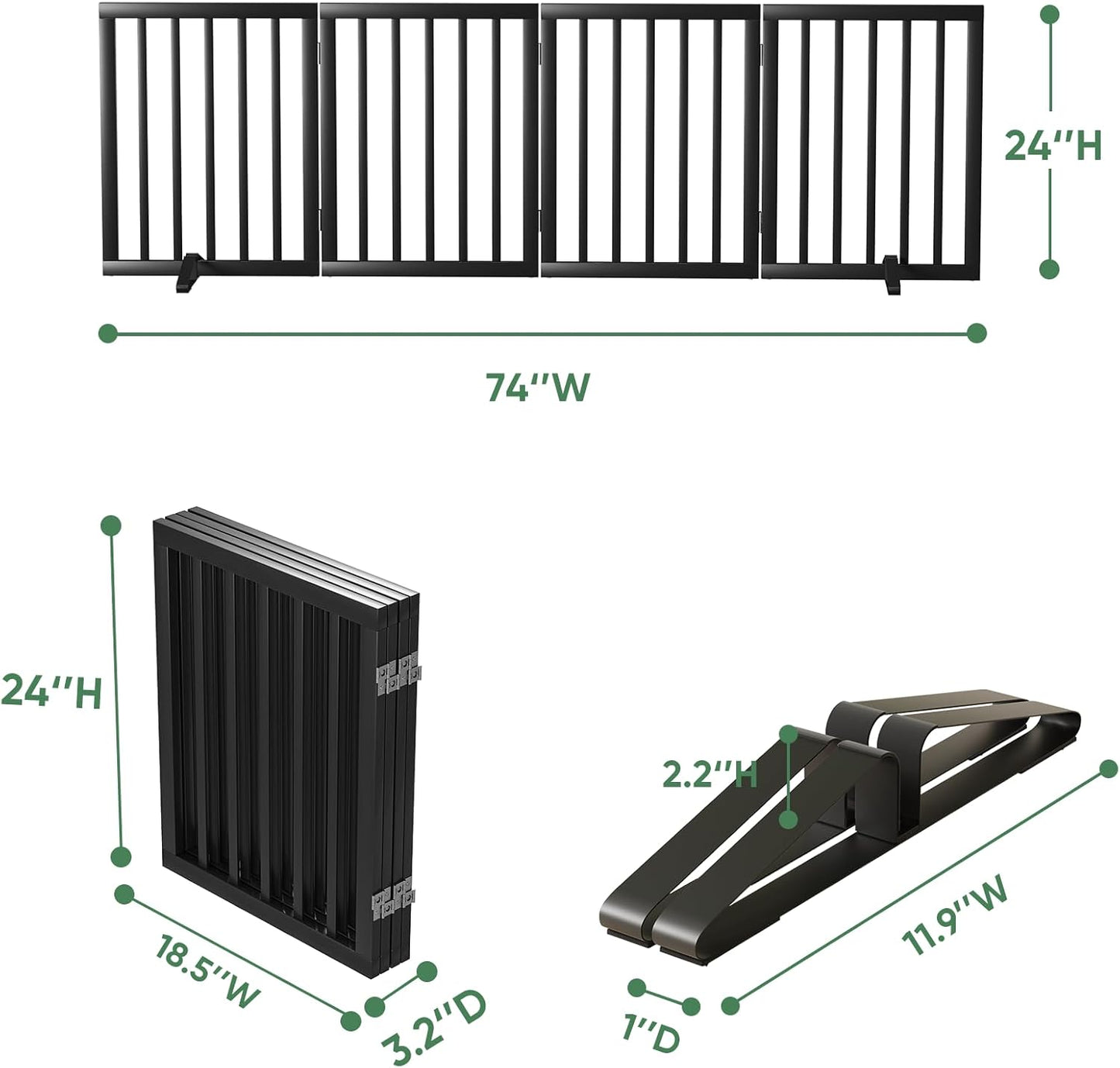 Freestanding Foldable Dog Gate - 4 Panel Room Divider with Metal Support Feet (Black)