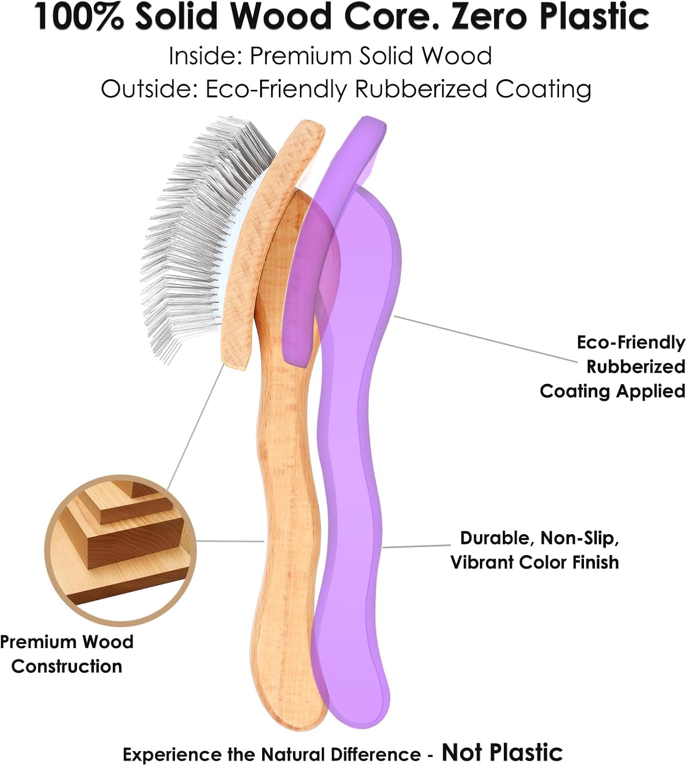 Slicker Brush for Doodles and Poodles - 2-Piece Solid Wood Dog Grooming Set with Extra Long Pin Dematting Tool and Metal Comb for Curly, Matted & Thick Hair, Purple