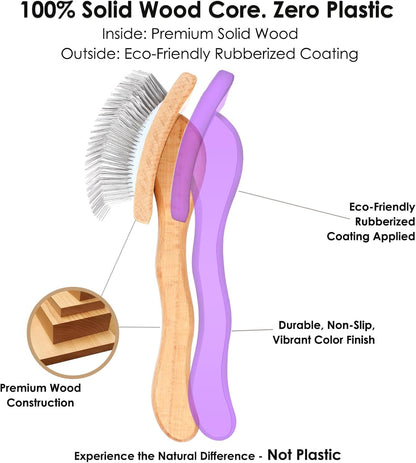 Slicker Brush for Doodles and Poodles - 2-Piece Solid Wood Dog Grooming Set with Extra Long Pin Dematting Tool and Metal Comb for Curly, Matted & Thick Hair, Purple