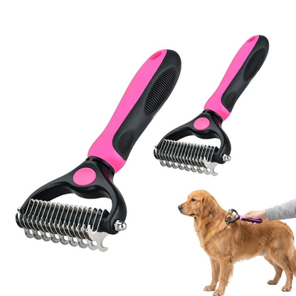 Sakerplus Pet Grooming Tool, Deshedding Dog Brush, 2-in-1 9/17 Teeth Undercoat Rake for Dogs and Cats, Stainless Steel Pet Grooming Brush for Long Hair, Thick Coats (Pink,large)