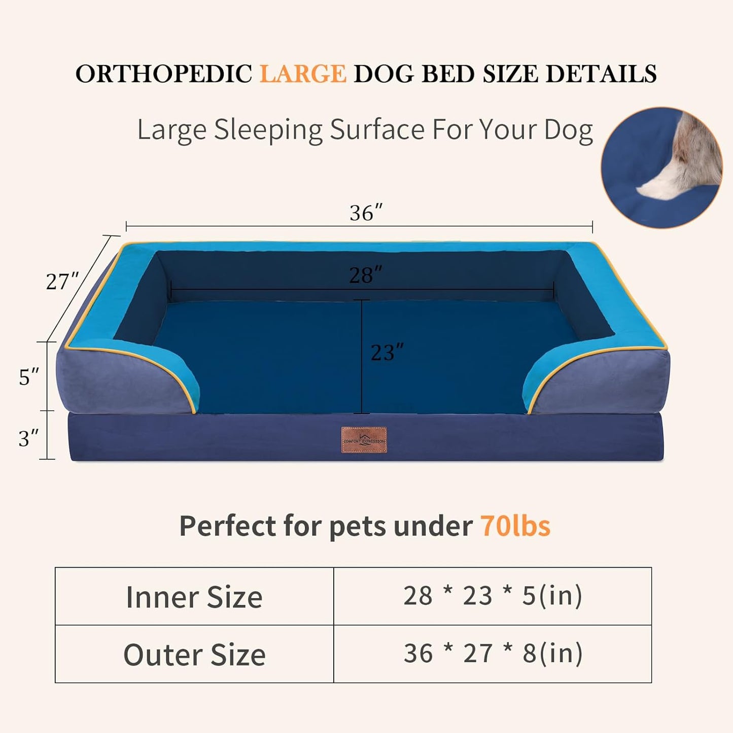 Comfort Expression Orthopedic Dog Bed for Extra Large Dogs 42x30 Inch, Waterproof Egg Crate Foam XL Pet Bed with Removable Bolsters, Dog Couch with Washable Cover & Non-Slip Bottom, Grey - Colors B