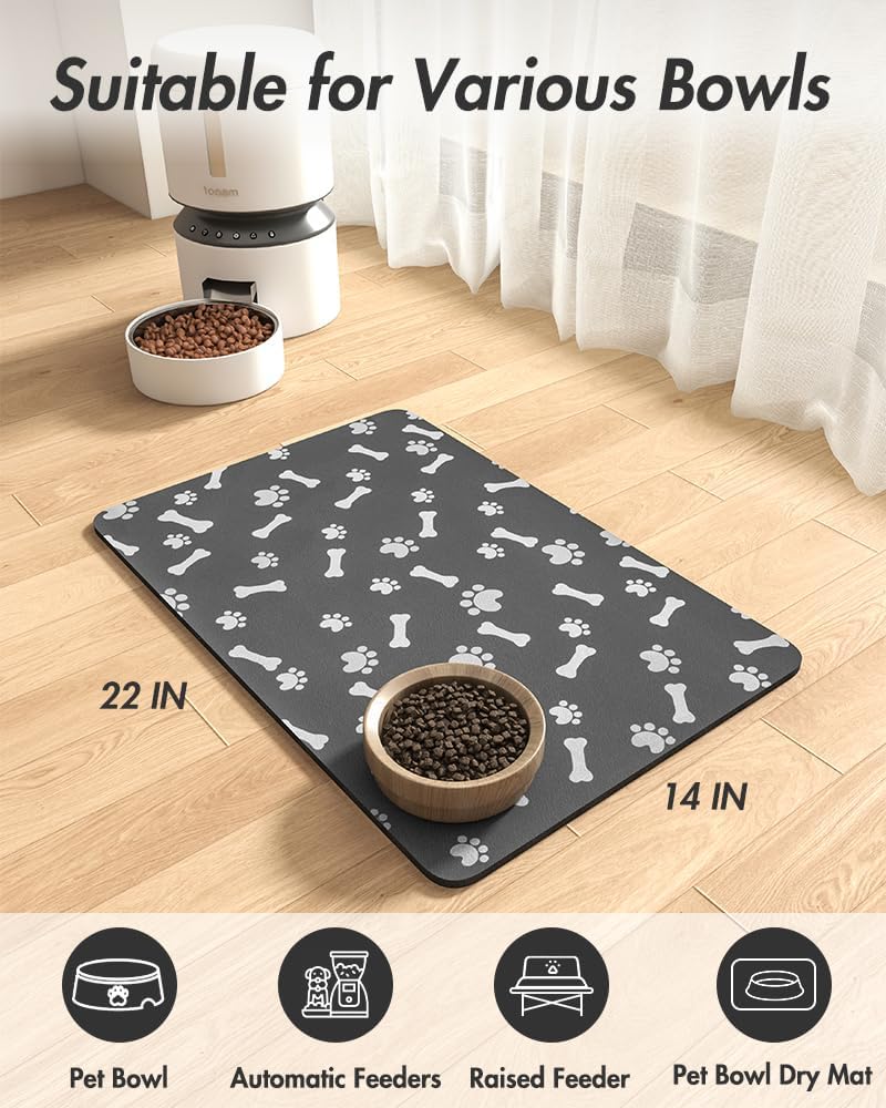 MontVoo Dog Food Mat-Pet Feeding Mat for Food and Water-No Stains Quick Dry Dispenser Cat Bowl Mat for Messy Drinkers(12"x19" Dark Grey)