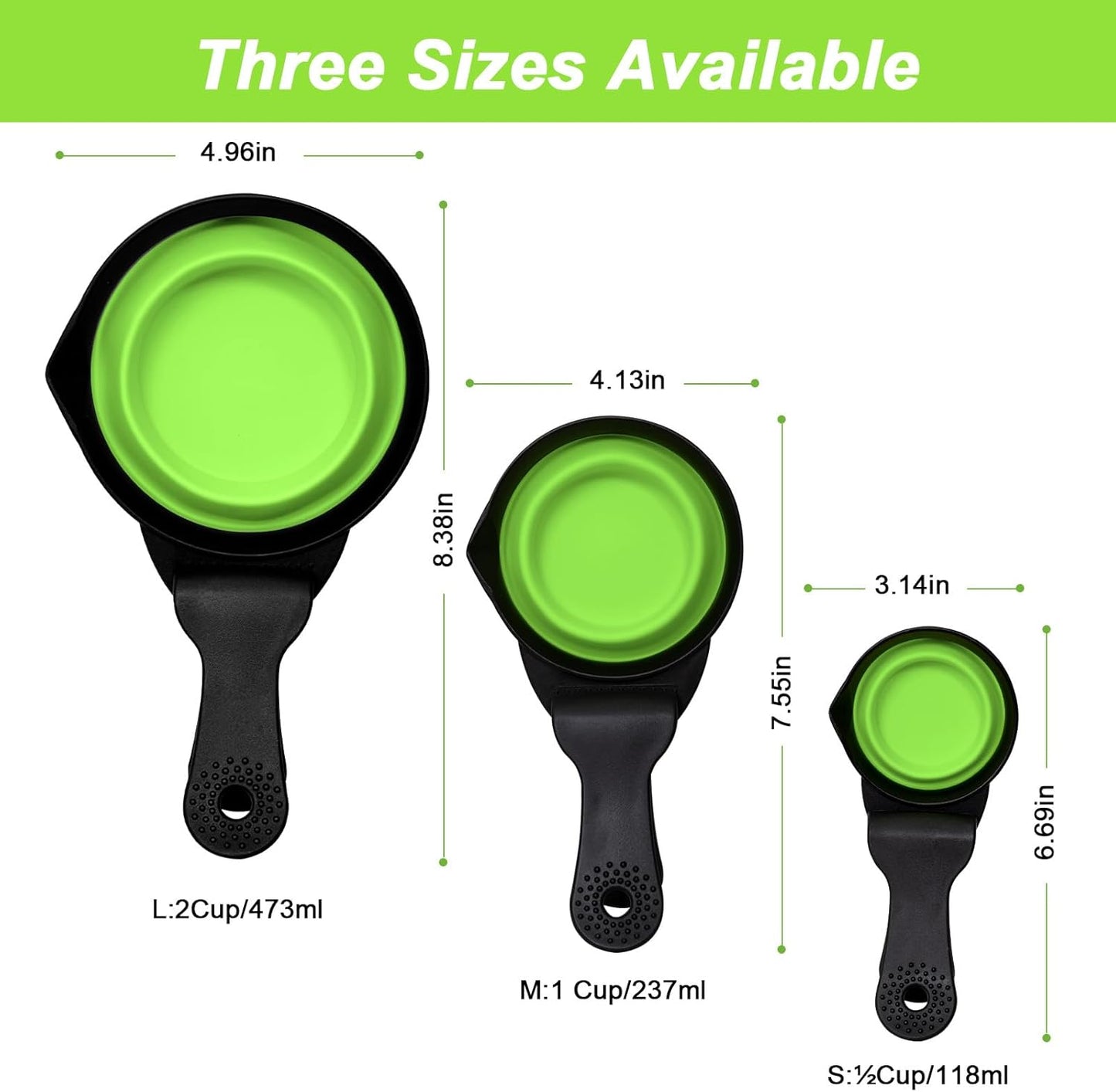 Collapsible Dog Food Scoop Foldable Pet Food Bag Clip 3 in 1 Multi-function Silicone Cat Food Measuring Cup Scoop Dog Food Scooper Pet Food Storage Clip (Green, 1 Cup Capacity(1 Pack))
