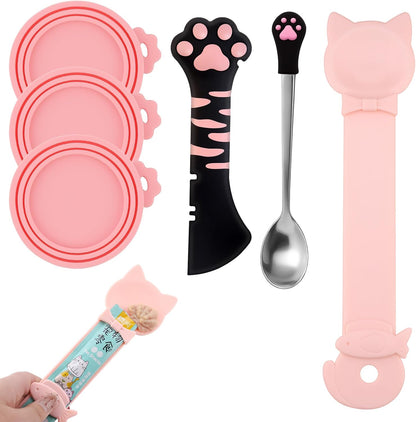 6 PCS Cat Food Can Covers Set, Reusable Silicone Can Lids with Opener, Stainless Steel Wet Food Spoon & Cat Treat Squeezer for Pet Feeding and Storage, Fits Cats & Dogs